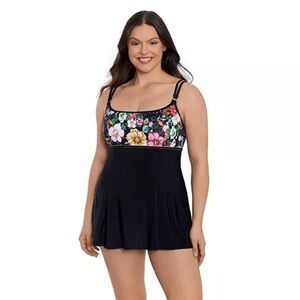 Avenue Women’s Swimsuit Black Floral One Piece Swim Dress,Plus Size 22W.